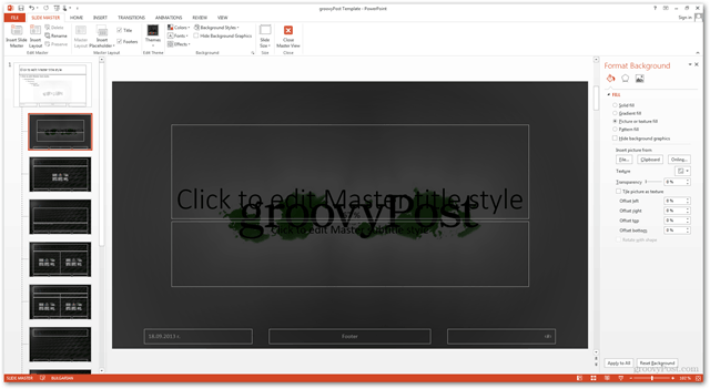 Office 2013 veidne Izveidot Izveidojiet pielāgotu dizainu POTX pielāgojiet slaidus slaidiem Apmācība, kā izveidot fonu