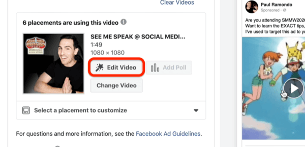 Rediģēt video opciju Facebook videoreklāmai