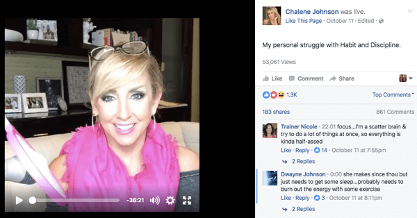 Facebook Live video ieraksts Chalene Facebook lapā.