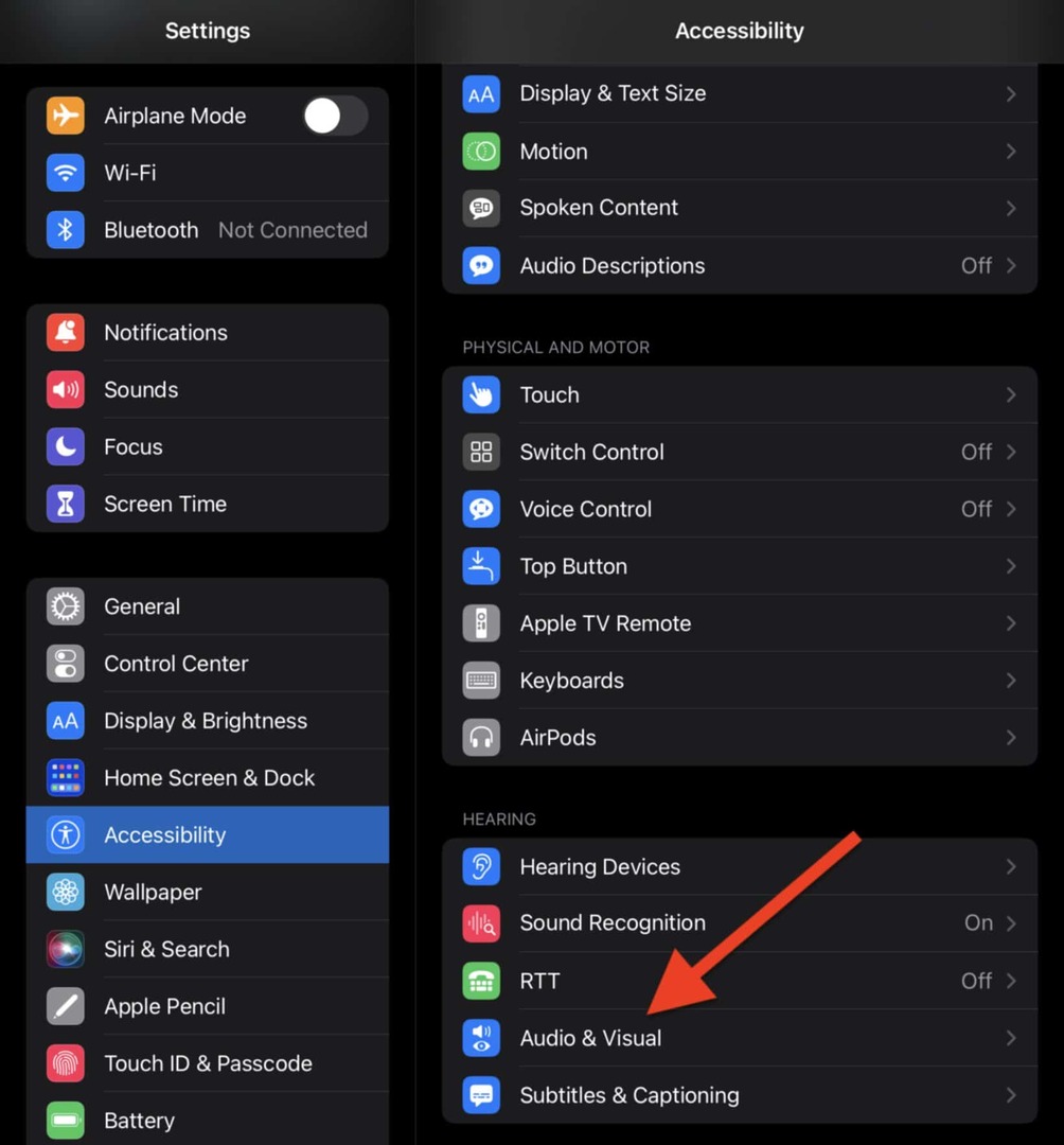 Sava iPad pieejamības iestatījumos atlasiet Audio & Visual