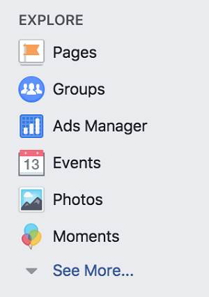 Piekļūstiet Facebook grupām sava Facebook personīgā profila sadaļā Izpētīt.