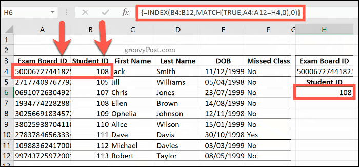Apvienotās INDEX un MATCH formulas piemērs programmā Excel