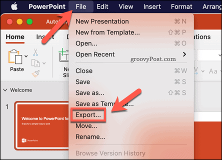 PowerPoint prezentācijas eksportēšana kā video Mac datorā