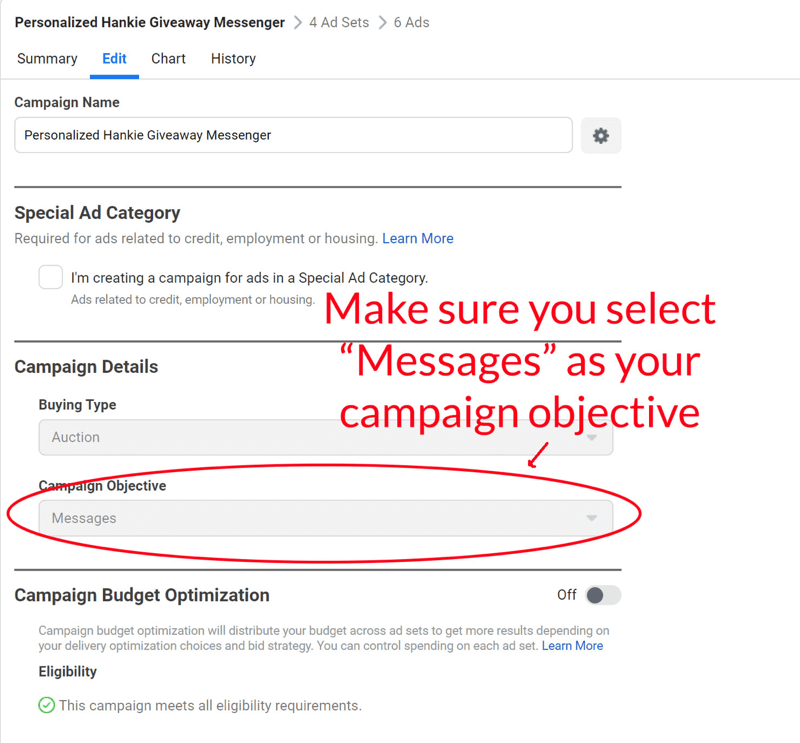 Facebook Messenger giveaway Messenger reklāmas iestatīšana 6. darbība