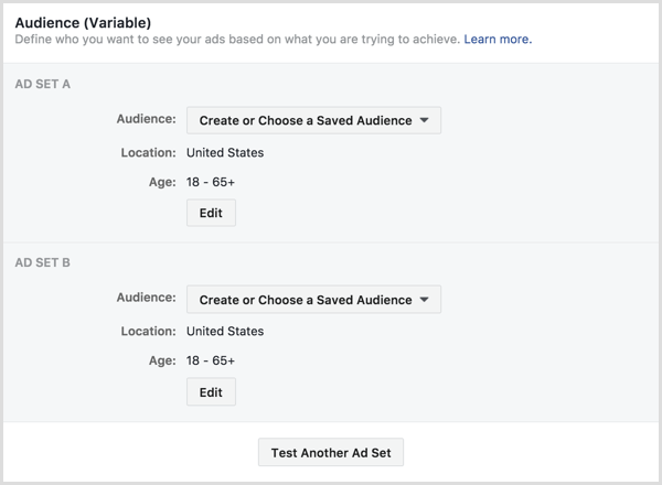 Facebook reklāmu sadalījuma testa reklāmu kopas