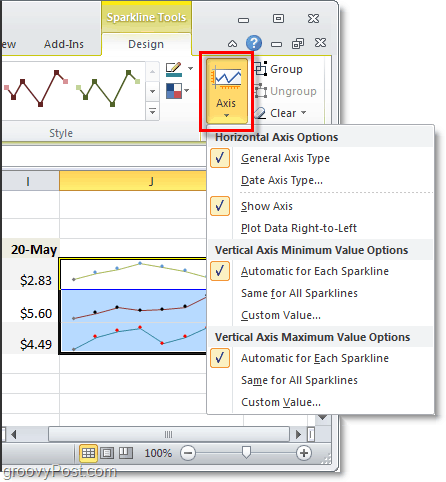 mainiet dzirkstošo asi programmā Excel 2010
