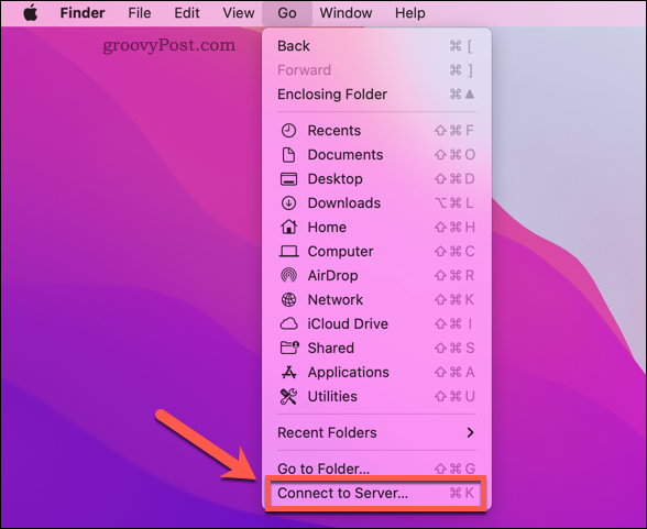 Atveriet opciju Mac Finder Connect to Server