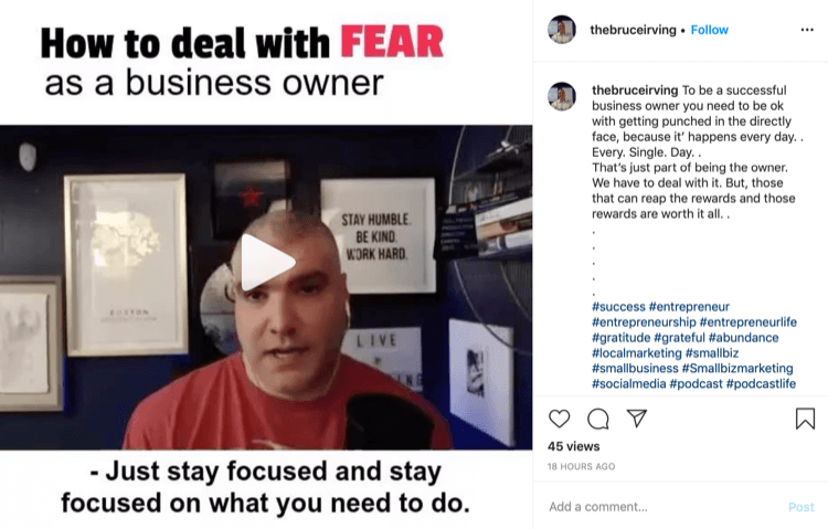 Brūsa Īrvinga Instagram ziņa par to, kā tikt galā ar bailēm kā uzņēmuma īpašniekam