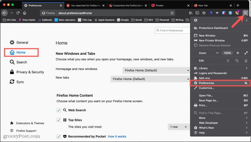 Firefox Preferences Home Mac datorā