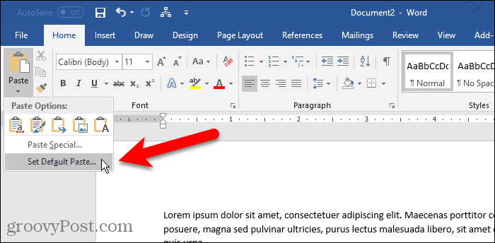 Noklikšķiniet uz Ielīmēt un pēc tam atlasiet Iestatīt noklusējuma ielīmēšanu