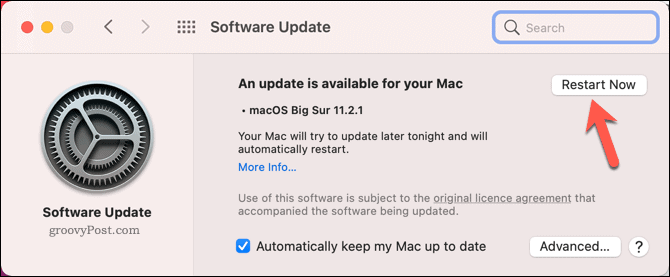 Restartējiet Mac, lai sāktu sistēmas atjaunināšanu