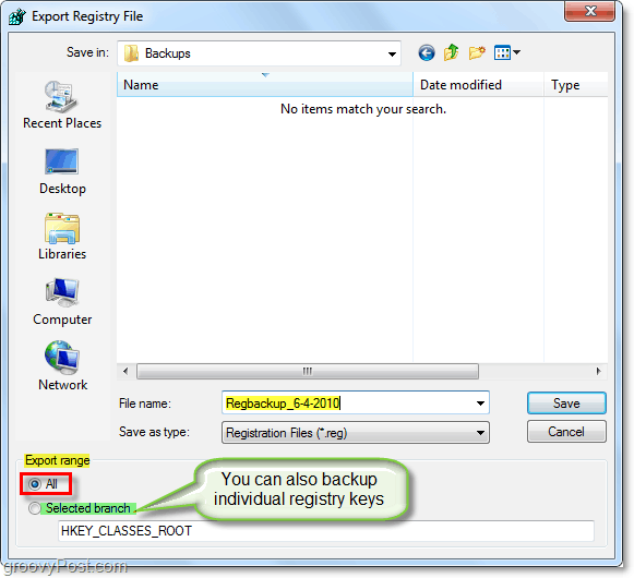 saglabājiet reģistra dublējumu Windows 7 un Vista