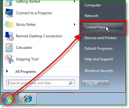Noklikšķiniet uz izvēlnes Sākt Orb un pēc tam noklikšķiniet uz vadības paneļa Windows 7