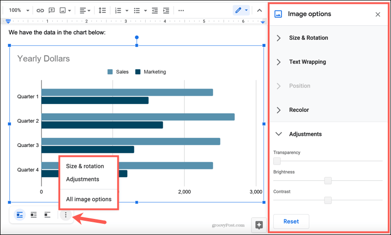 Diagrammas attēlu opcijas Google dokumentos