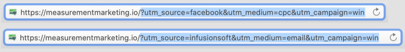 URL ar utm tagiem, kas kodēti ar izcelto URL utm daļu, piemērs, norādot facebook / cpc un infusionsoft / email kā win kampaņas parametrus