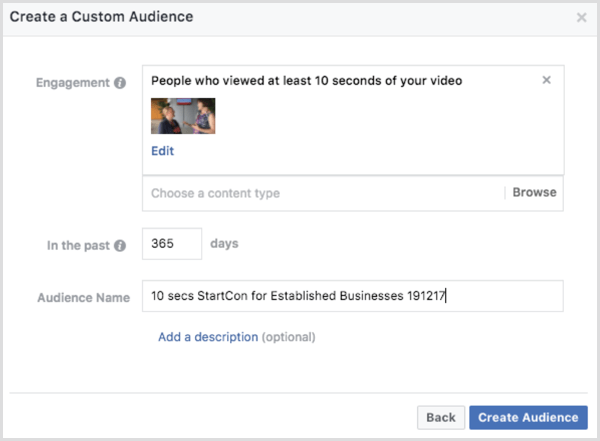 Facebook video iesaistīšanās pielāgotā auditorija