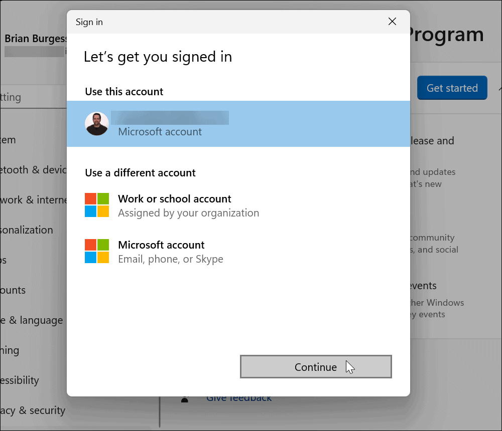 izvēlieties Microsoft kontu