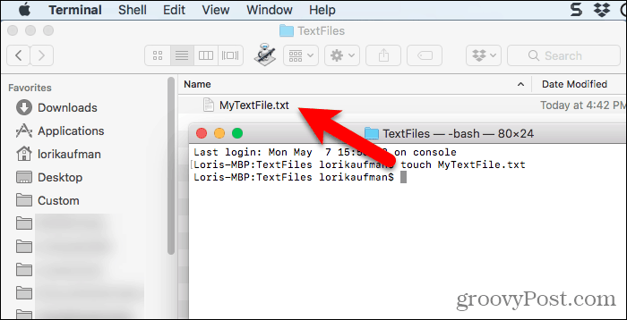 Teksta fails, kas izveidots, izmantojot pieskāriena komandu operētājsistēmas Mac terminālī