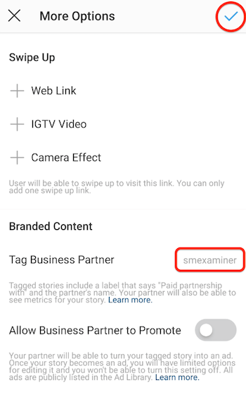 Instagram konta nosaukums ir norādīts kā marķēts firmas partneris