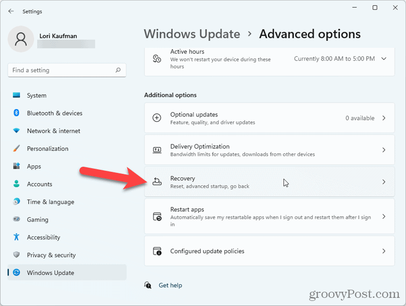 Windows 11 iestatījumos noklikšķiniet uz Atkopšana