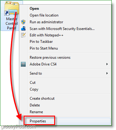 Windows 7 ekrānuzņēmums - ar peles labo pogu noklikšķiniet uz saīsnes un dodieties uz īpašumiem