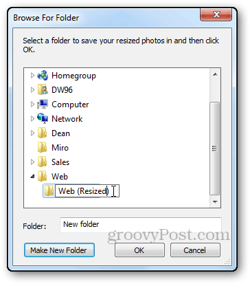 foto izmēru maiņa apmācība Windows Live foto galerija mainīt izmēru definēt direktoriju veikt jaunu mapi pārlūkot mapes dialog