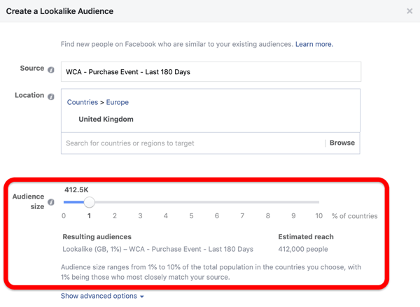 Mērķauditorijas lieluma opcija, veidojot savu Facebook Lookalike auditoriju no jūsu pielāgotās auditorijas.