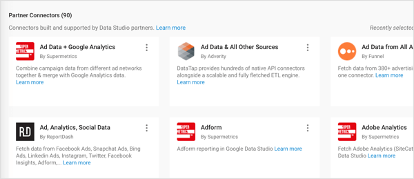 Google Data Studio piedāvā trešo pušu partneru izveidotus partneru savienotājus.