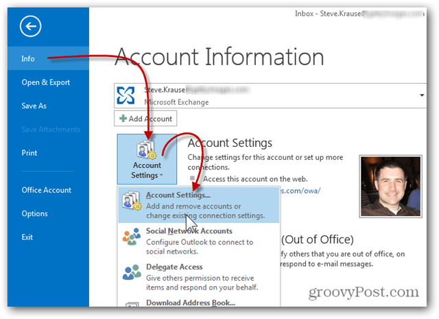 Pievienot pastkasti Outlook 2013 - noklikšķiniet uz Info konta iestatījumi