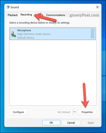 Atveriet mikrofona rekvizītu izvēlni operētājsistēmā Windows 11