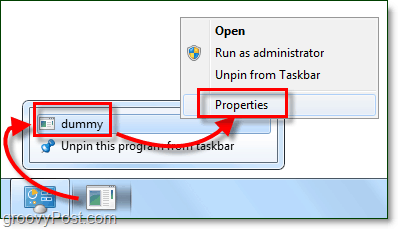 pielāgot uzdevumjoslas saīsnes rekvizītus Windows 7