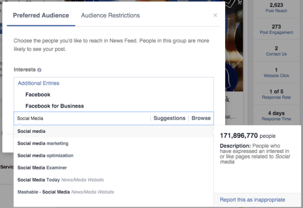 facebook auditorijas optimizācija dod priekšroku auditorijas interesēm