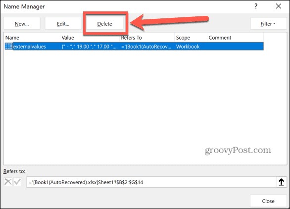 Excel izdzēst nosaukto diapazonu