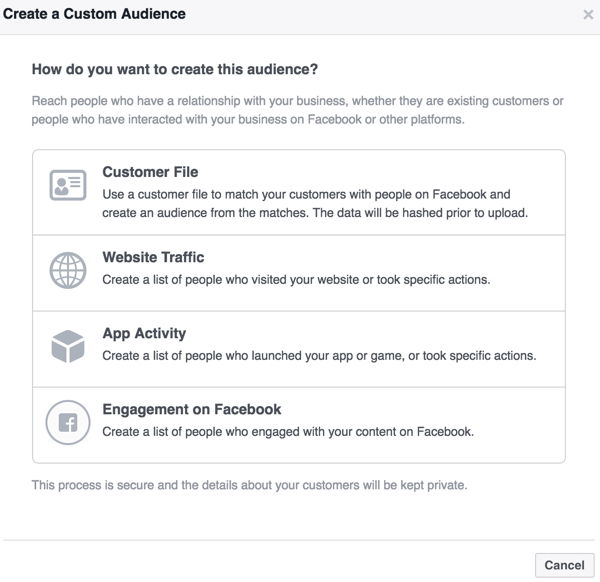 Izmantojot Facebook Ads Manager, varat izveidot pielāgotu auditoriju, pamatojoties uz klienta failu vai saistību ar savu vietni, lietotni vai Facebook saturu.