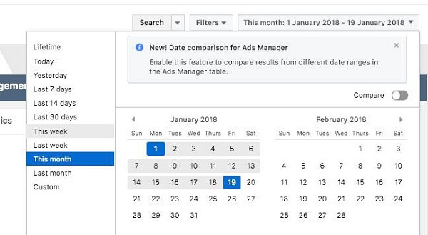 Facebook ieviesa divas jaunas pārskatu funkcijas Ads Manager, datumu salīdzināšanu un radošo pārskatu veidošanu.