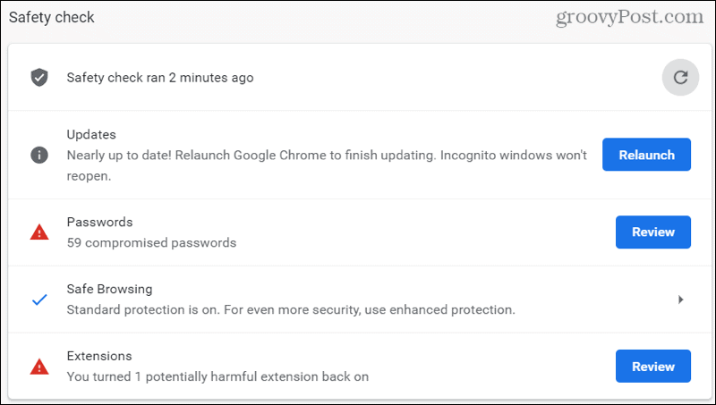 Chrome drošības pārbaudes rezultāti