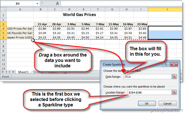 atlasiet datu diapazonu savai Excel 2010 dzirkstošajai ierīcei