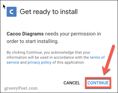 Google Docs Cacoo pievienojumprogrammas instalēšanas apstiprināšana