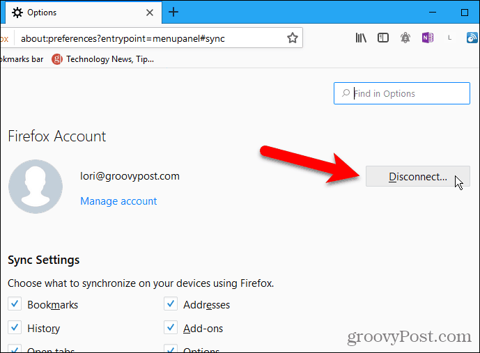 Firefox for Windows noklikšķiniet uz Disconnect