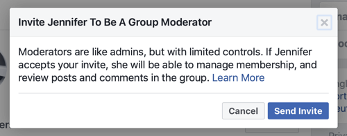Kā uzlabot savu Facebook grupas kopienu, Facebook ziņojuma piemērs, kad dalībnieks tiek izvēlēts par grupas moderatoru