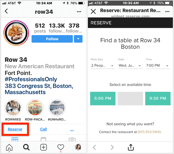 Lai veiktu rezervāciju, šī restorāna Instagram biznesa profilā noklikšķiniet uz pogas Rezervēt. 