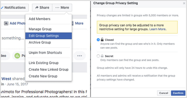 Facebook grupas mainiet konfidencialitātes iestatījumu