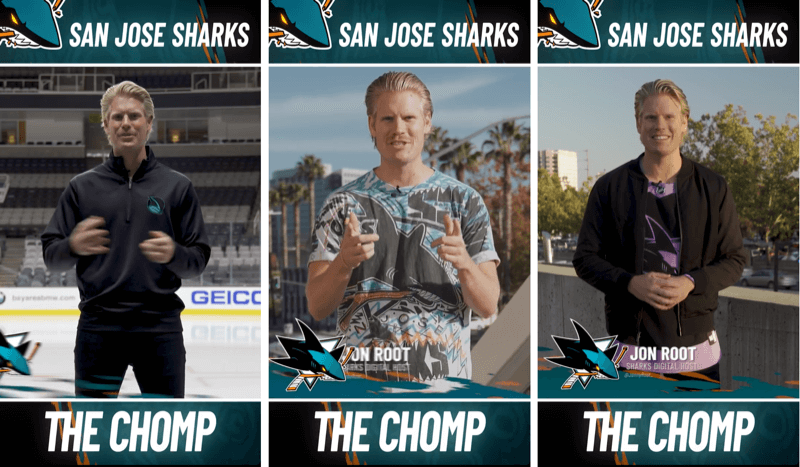 trīs Instagram Stories ziņas no Sanhosē haizivs The Chomp segmenta