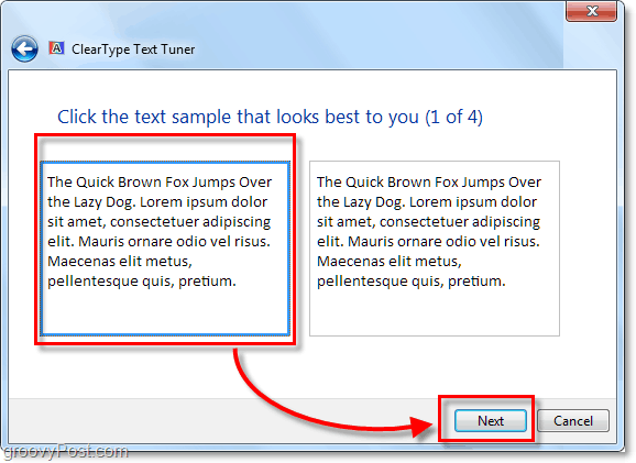 ClearType kalibrēšanas 1. darbība Windows 7