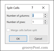 Opciju izvēlne Word Split Cells