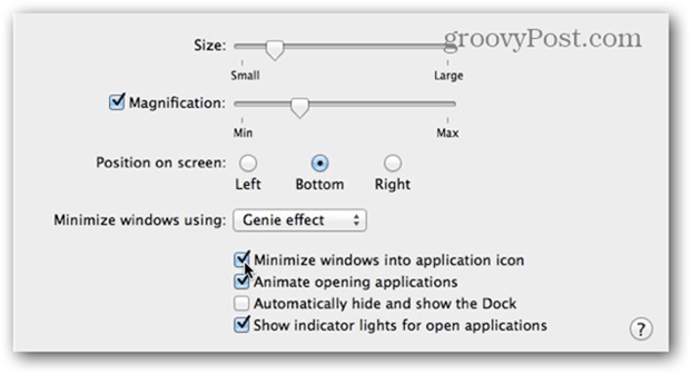 Atzīmējiet lodziņu Minimizēt logus lietojumprogrammas ikonas.