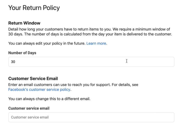 Facebook veikala atgriešanas politikas un klientu apkalpošanas e-pasta ekrānuzņēmuma piemērs, kas varētu būt pieejams