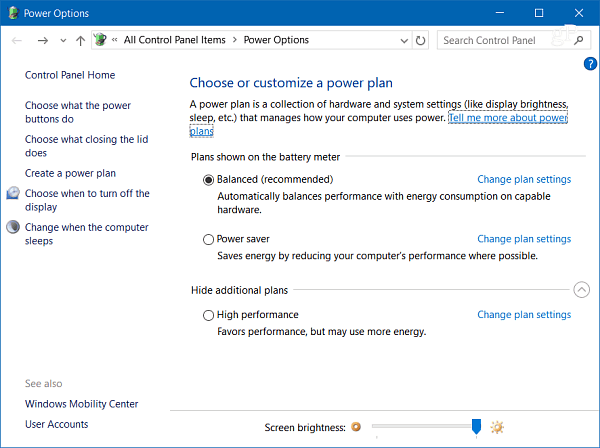 Barošanas opcijas Windows 10