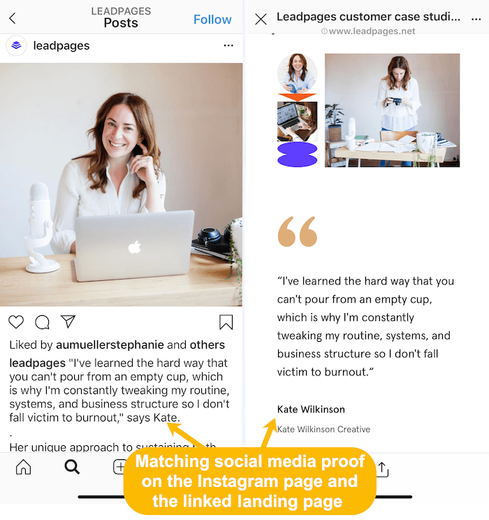 klientu stāstu saskaņošana Instagram plūsmā un saistītajā galvenajā lapā