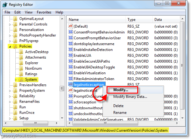 modificējiet legalnoticecaption, lai izveidotu Windows 7 starta ziņojumu